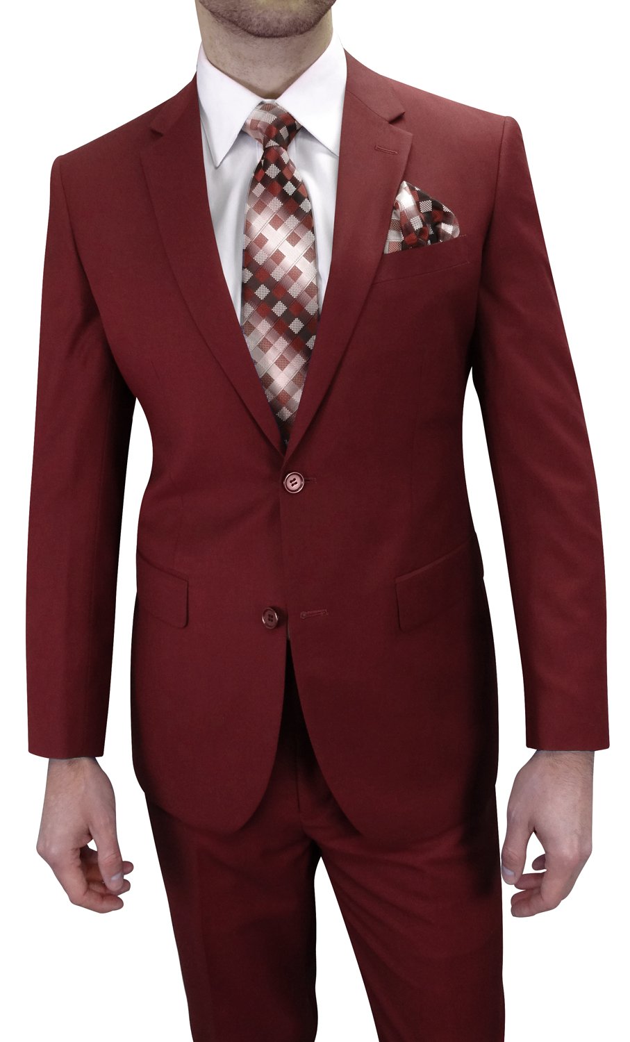2PC SOLID COLOR BURGUNDY SUIT MODERN FIT FLAT FRONT PANTS 