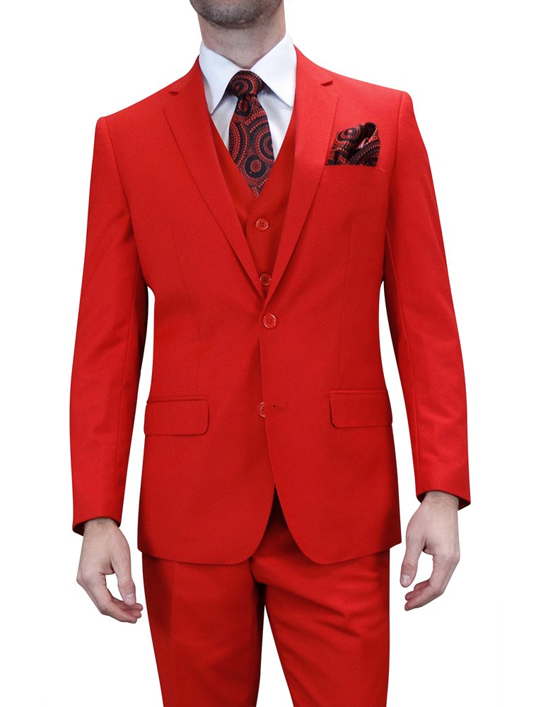 3PC SOLID COLOR RED TAILORED FIT FLAT FRONT PANTS 2 BUTTON MENS SUIT WITH VEST SUPER 150'S EXTRA FINE ITALIAN WOOL  
