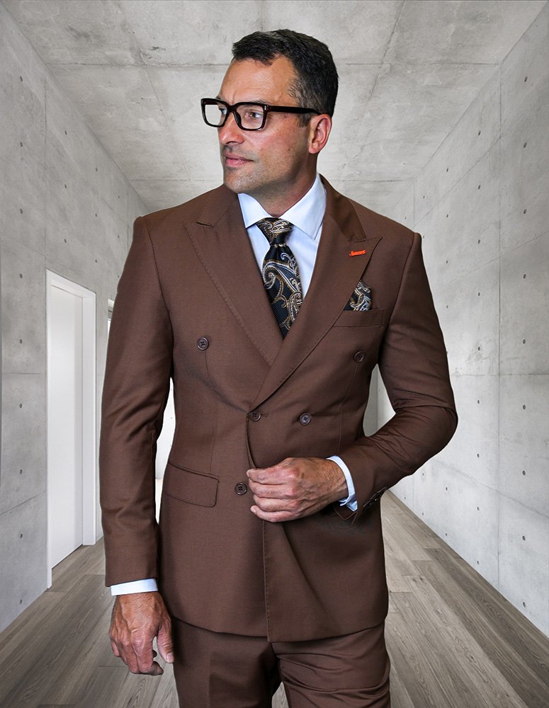 TZD-100 COPPER CLASSIC DOUBLE BREASTED SOLID COLOR MENS SUIT BY TESSORI UOMO. SUPER 150'S EXTRA FINE ITALIAN WOOL HAND MADE 