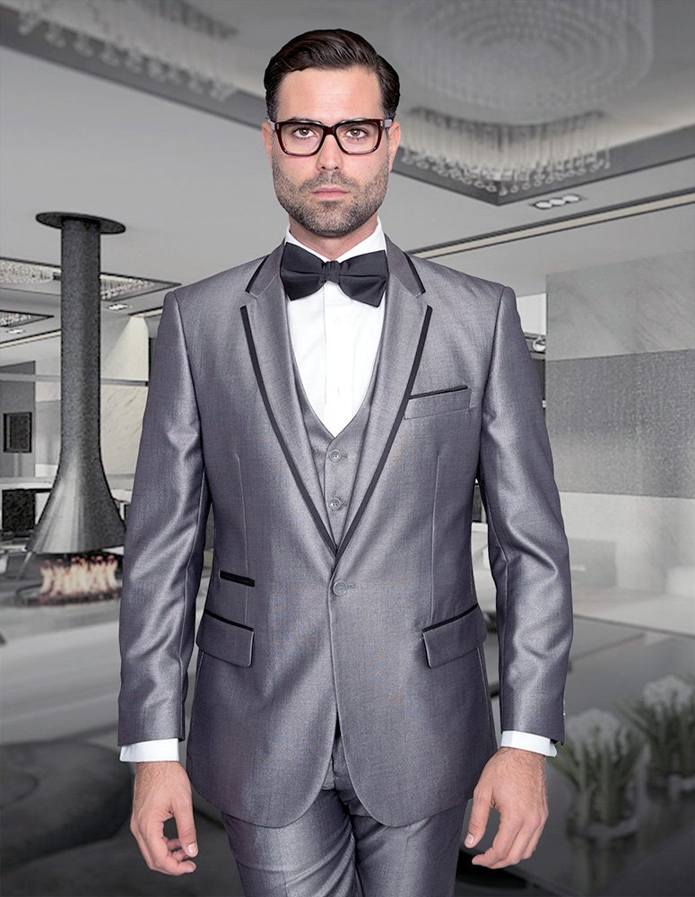 VENETIAN GRAY CLASSIC 3PC 1 BUTTON MENS SUIT WITH TRIM ON THE COLLAR SUPER 150'S EXTRA FINE ITALIAN FABRIC 