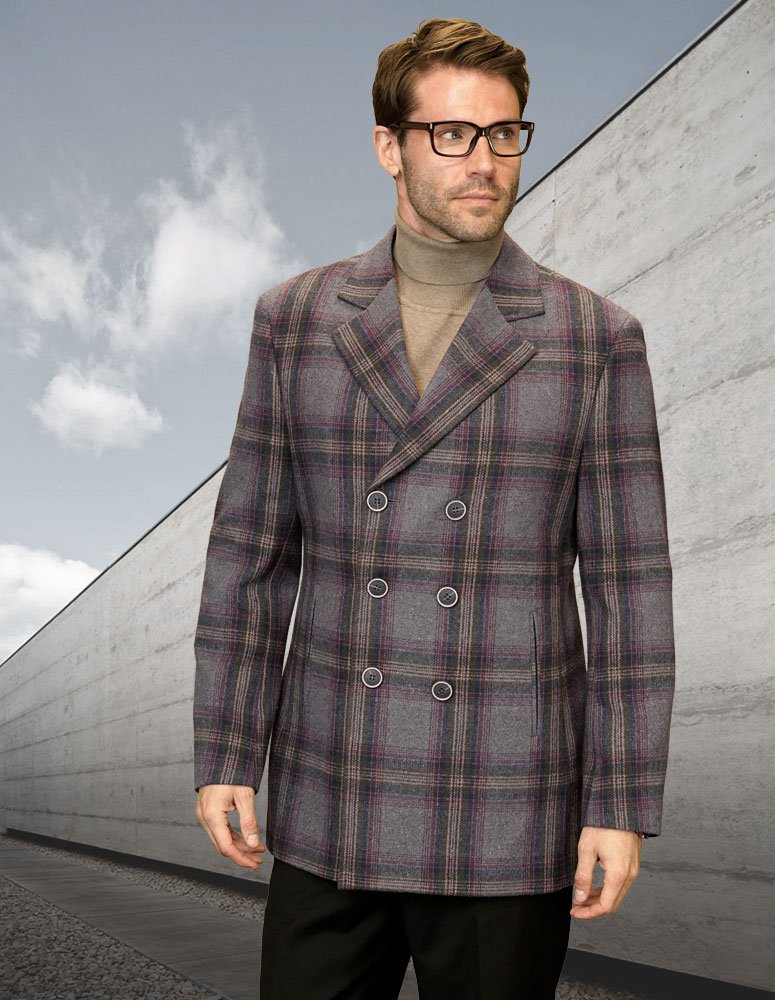 DOUBLE BREASTED PEACOAT GRAY PLAID JACKET WOOL AND CASHMERE 