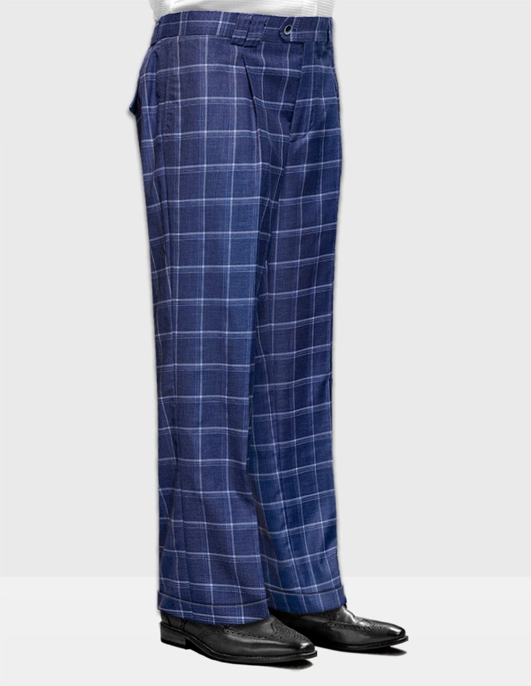 INDIGO PLAID WIDE LEG DRESS PANTS REGULAR FIT SUPER 150'S ITALIAN WOOL FABRIC   