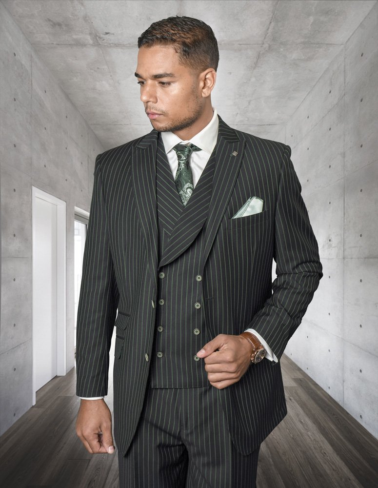 ZARELLI HUNTER 3PC 2 BUTTON PINSTRIPE, DOUBLE BREASTED VEST, PLEATED PANTS SUPER 150'S WOOL SUIT EXTRA FINE ITALIAN MADE 