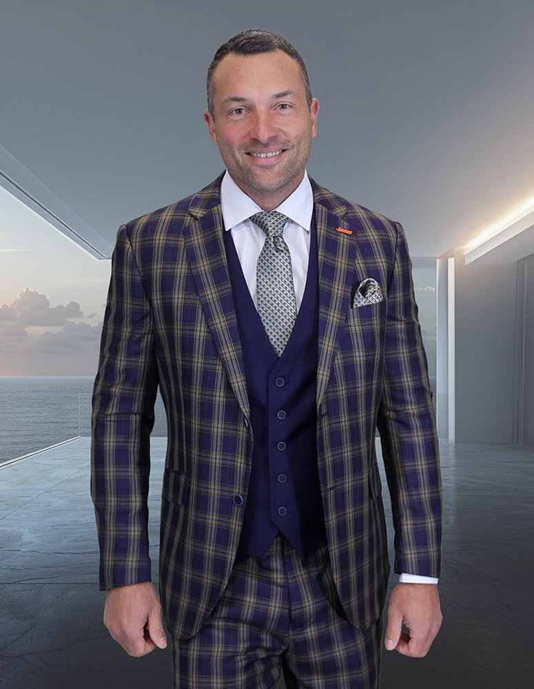 STATEMENT 3PC ITALIAN SUPER 200'S WOOL SUIT. SOLID COLOR VEST. FLAT FRONT PANTS  