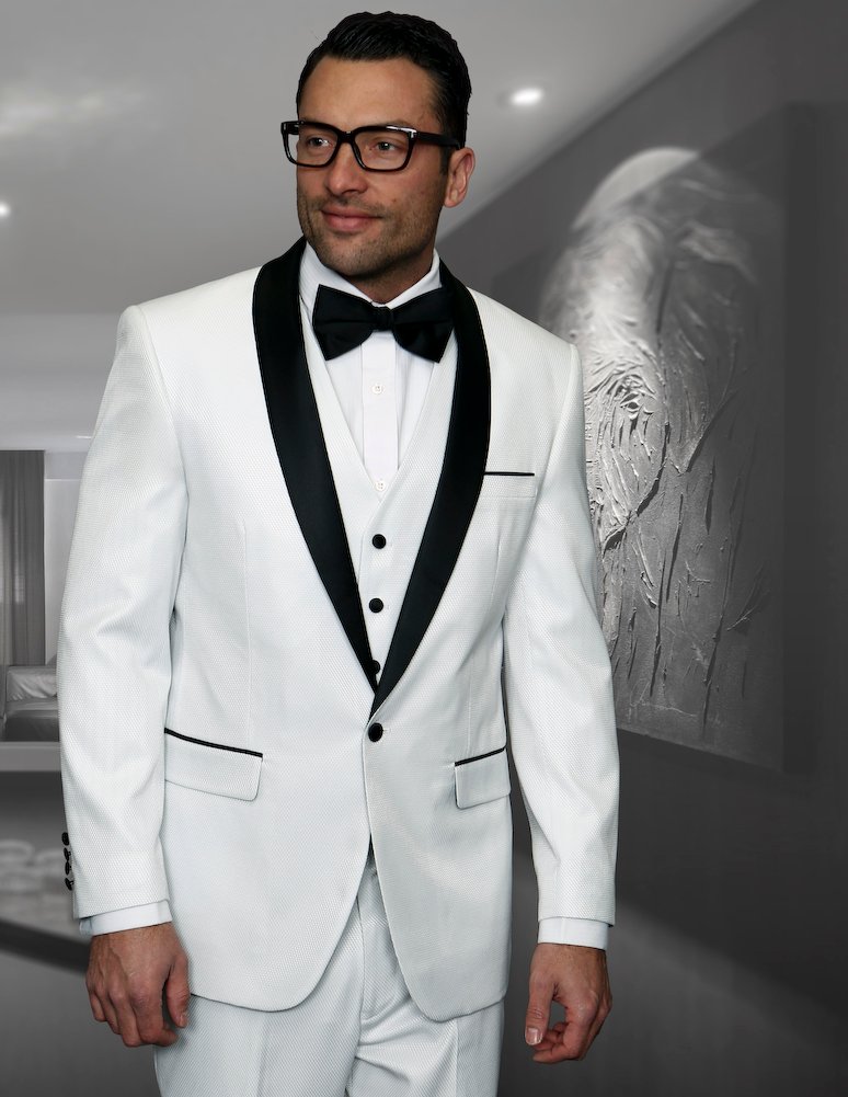 ENZO-7 WHITE CLASSIC 3PC 1 BUTTON INDIGO SHARKSKIN MENS SUIT WITH SOLID BLACK SATIN SHAWL COLLAR  