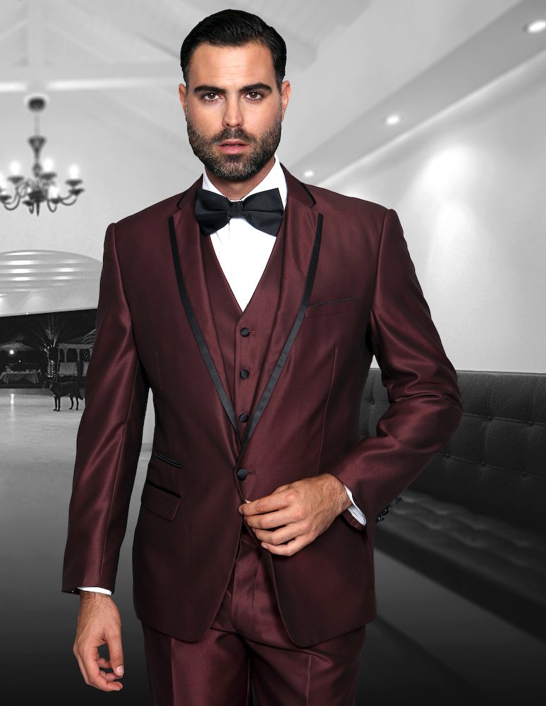 VENETIAN CLASSIC 3PC 1 BUTTON MENS BURGUNDY SUIT WITH BLACK TRIM ON THE COLLAR AND POCKET