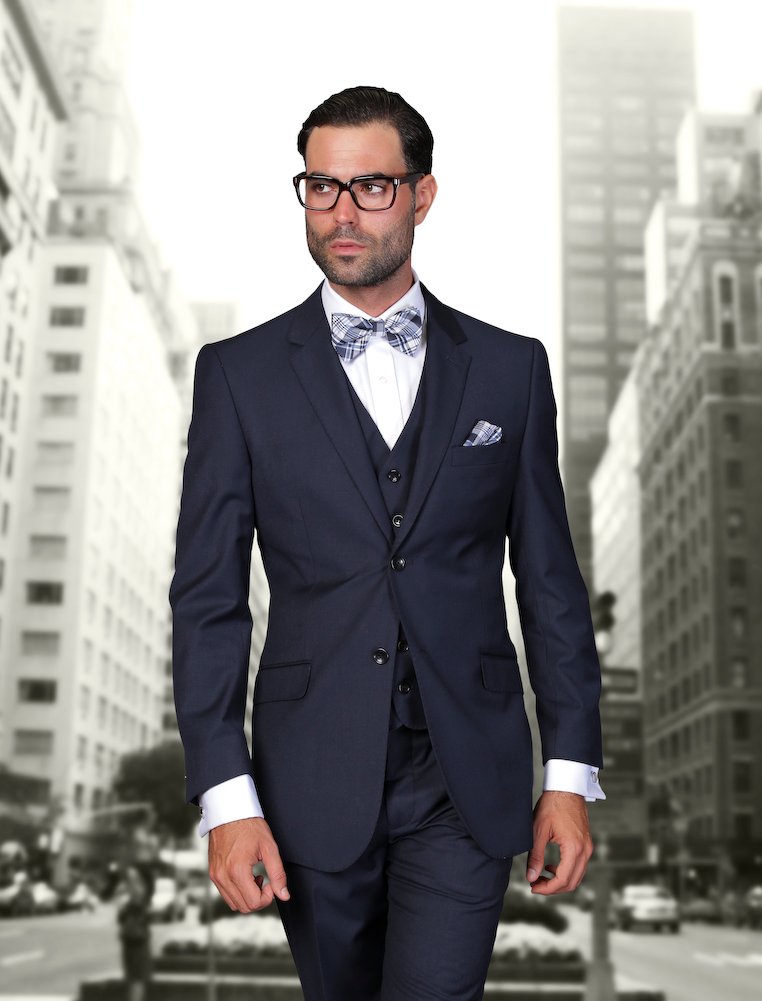 STZV-100 3PC 2 BUTTON SOLID COLOR NAVY MENS SUIT WITH A VEST SUPER 150'S EXTRA FINE ITALIAN WOOL   