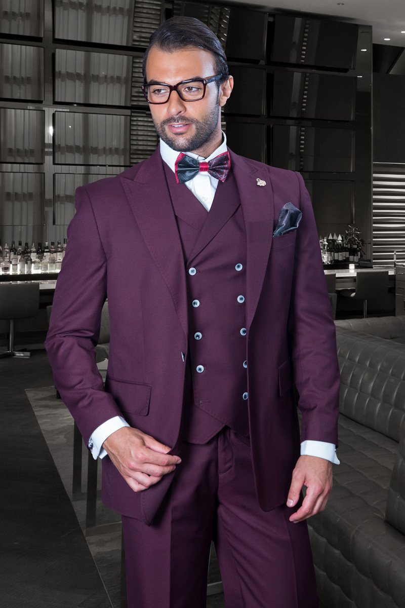 FLORENCE BURGUNDY COLOR CLASSIC 3PC 1 BUTTON SOLID SUIT WITH DOUBLE BREASTED VEST SUPER 180'S EXTRA FINE ITALIAN FABRIC  