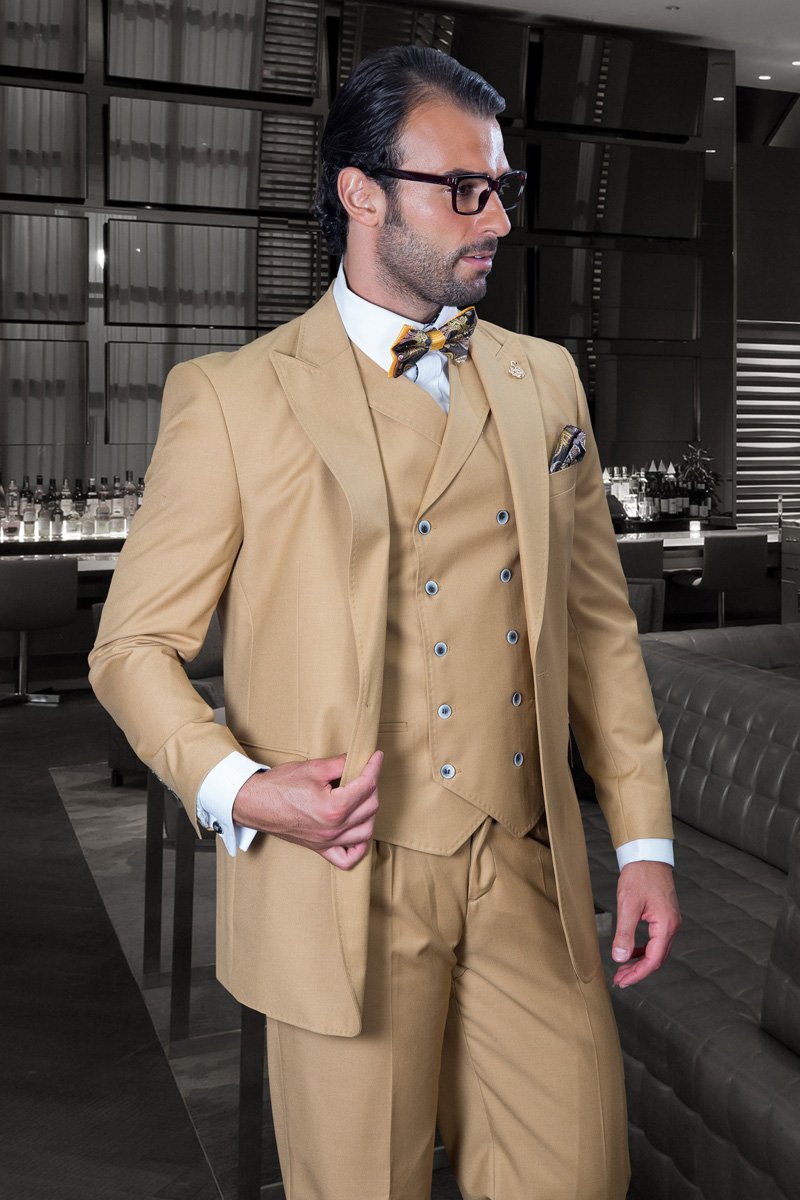 FLORENCE CAMEL COLOR CLASSIC 3PC 1 BUTTON SOLID SUIT WITH DOUBLE BREASTED VEST SUPER 180'S EXTRA FINE ITALIAN FABRIC  