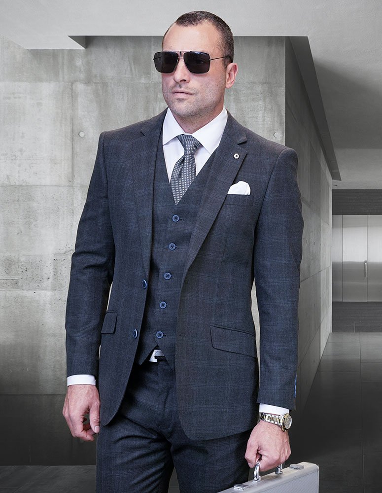  STATEMENT 3PC PLAID SUIT SUPER 200'S ITALIAN WOOL AND CASHMERE. MODERN FIT FLAT FRONT PANTS