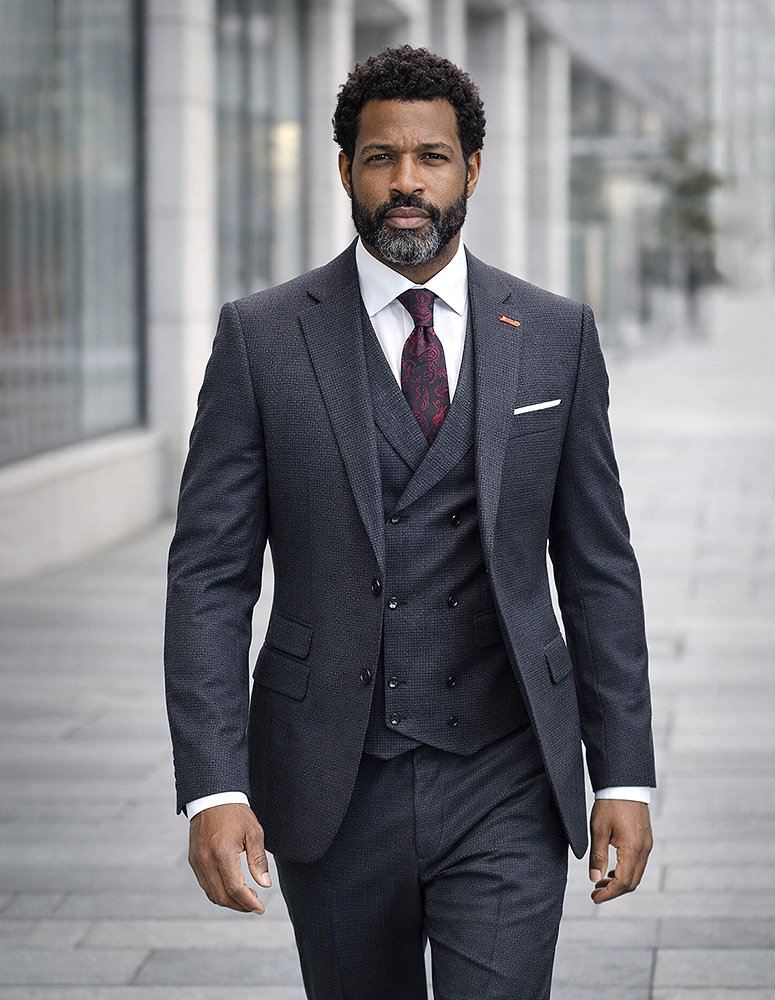  STATEMENT 3PC SUIT SUPER 200'S ITALIAN WOOL AND CASHMERE. MODERN FIT FLAT FRONT PANTS