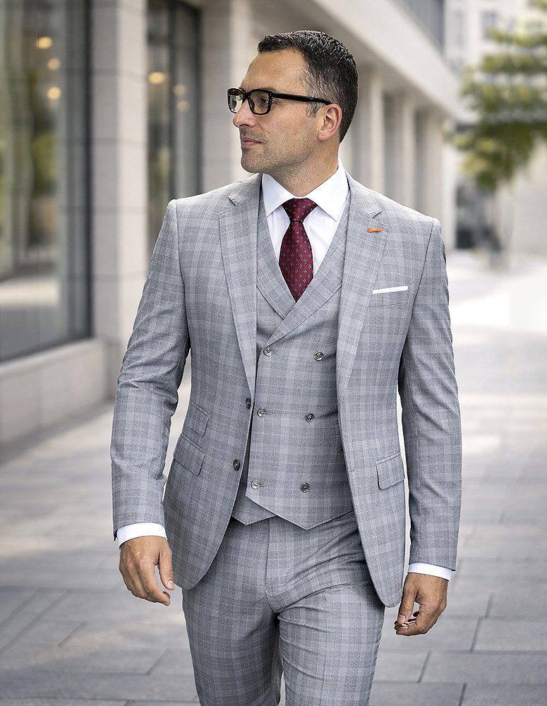  STATEMENT 3PC SUIT SUPER 200'S ITALIAN WOOL AND CASHMERE. MODERN FIT FLAT FRONT PANTS