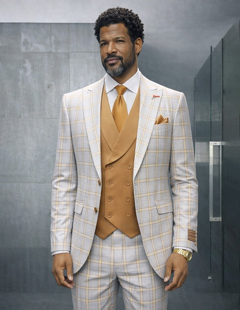 3PC PLAID SUIT WITH SOLID COLOR CONTRAST DOUBLE BREASTED VEST. SUPER 200'S ITALIAN WOOL AND CASHMERE FABRIC. MODERN FIT FLAT FRONT PANTS