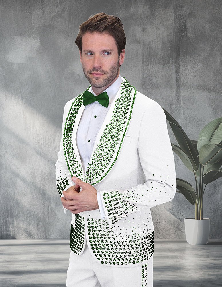 2PC ITALIAN WOOL TUXEDO WITH GREEN STONES. MODERN FIT FLAT FRONT PANTS 