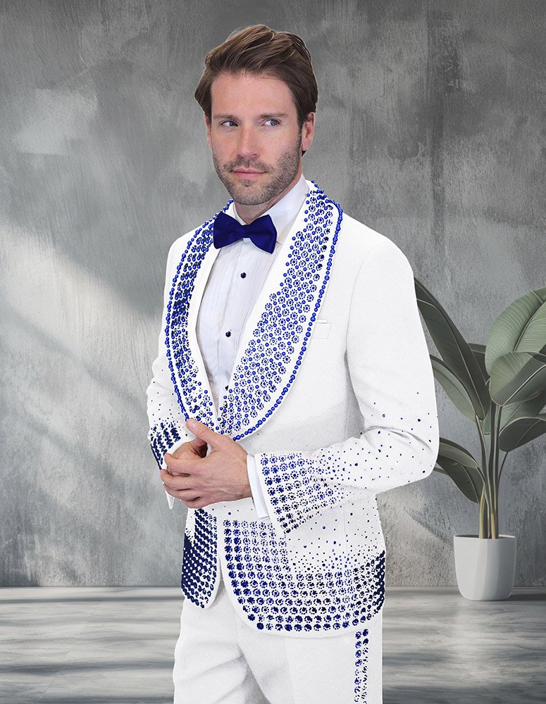2PC ITALIAN WOOL TUXEDO WITH ROYAL STONES. MODERN FIT FLAT FRONT PANTS