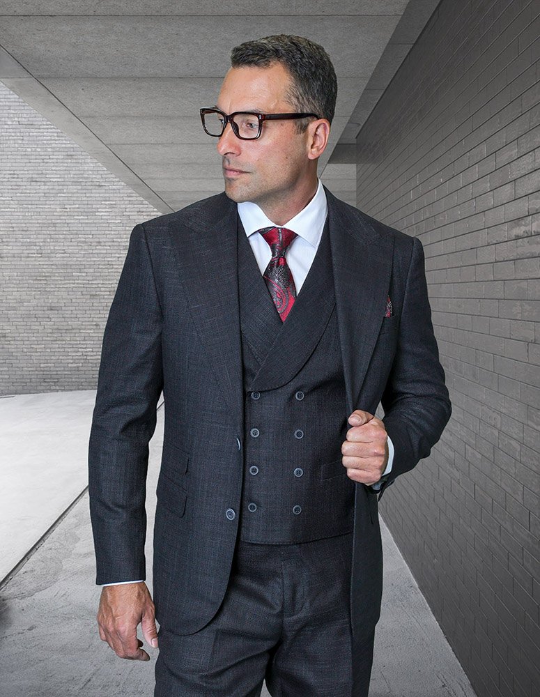 STATEMENT 3PC ITALIAN WOOL SUIT. SUPER 200'S. MODERN FIT FLAT FRONT PANTS 