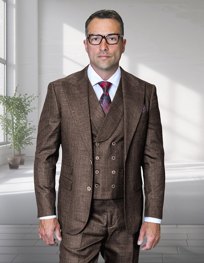 STATEMENT 3PC ITALIAN WOOL SUIT. SUPER 200'S. MODERN FIT FLAT FRONT PANTS