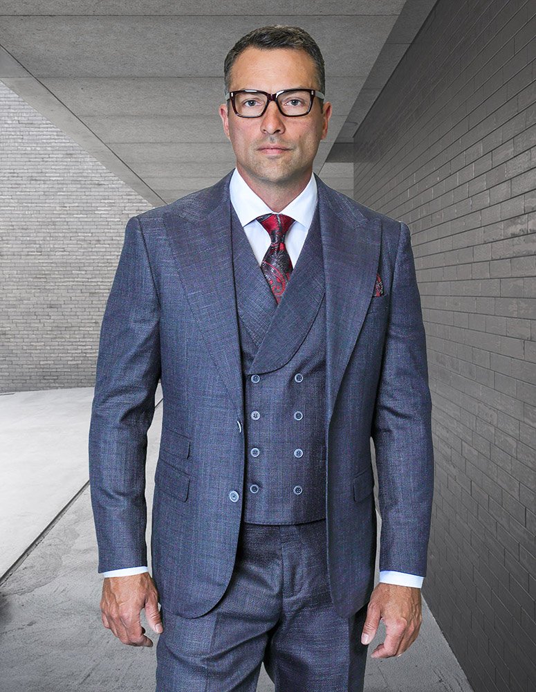 STATEMENT 3PC ITALIAN WOOL SUIT. SUPER 200'S. MODERN FIT FLAT FRONT PANTS 