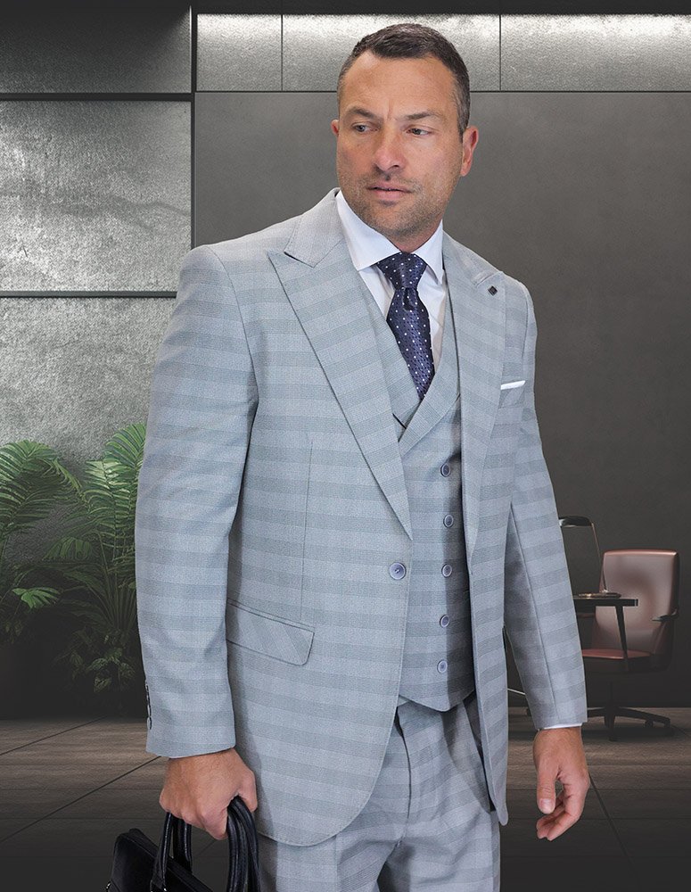 STATEMENT BALANCIGA GRAY CLASSIC WIDE LEG 3PC 1 BUTTON PLAID SUIT WITH DOUBLE BREASTED VEST SUPER 200'S EXTRA FINE ITALIAN FABRIC 