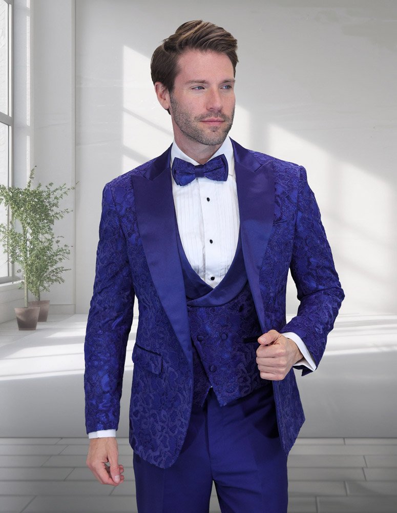 STATEMENT BELLAGIO-15 3PC TAILORED FIT 1 BUTTON MENS SAPPHIRE TUXEDO PEAK LAPEL SUPER 150'S EXTRA FINE ITALIAN FABRIC INCLUDING BOW TIE  