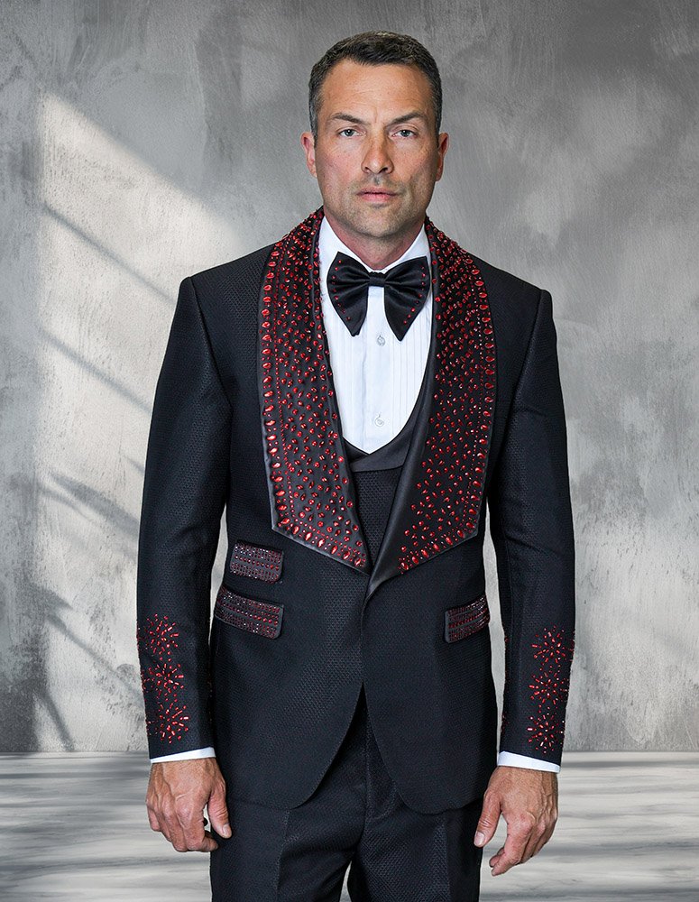 3PC ITALIAN WOOL TUXEDO WITH STONES. MODERN FIT FLAT FRONT PANTS 