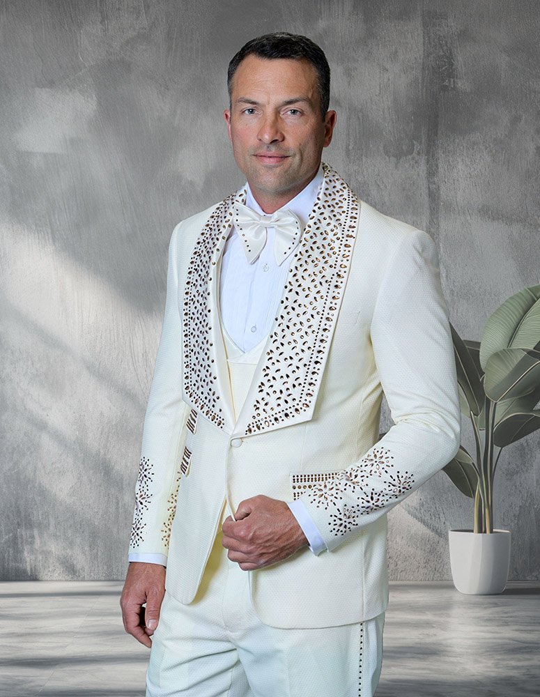 3PC ITALIAN WOOL TUXEDO WITH STONES. MODERN FIT FLAT FRONT PANTS 