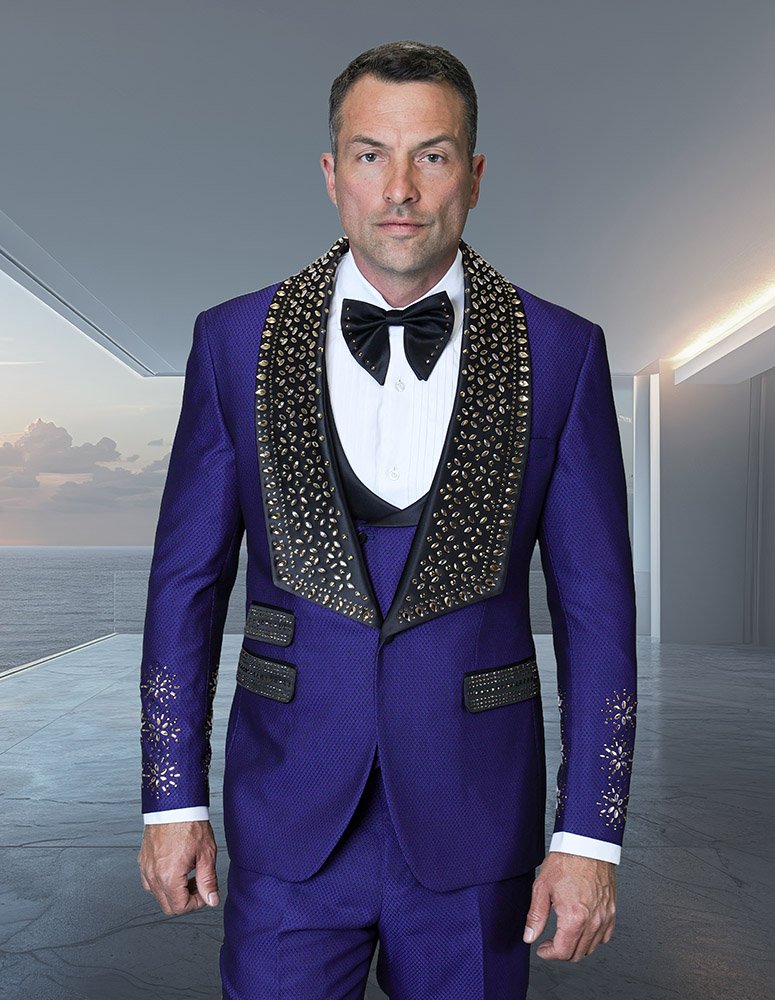 3PC ITALIAN WOOL TUXEDO WITH STONES. MODERN FIT FLAT FRONT PANTS  