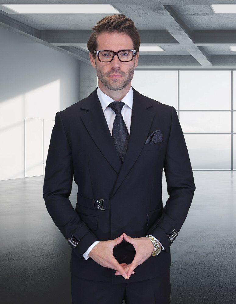 2PC ITALIAN SUPER 200'S WOOL SUIT. MODERN FIT FLAT FRONT PANTS WITH METAL BUCKLES