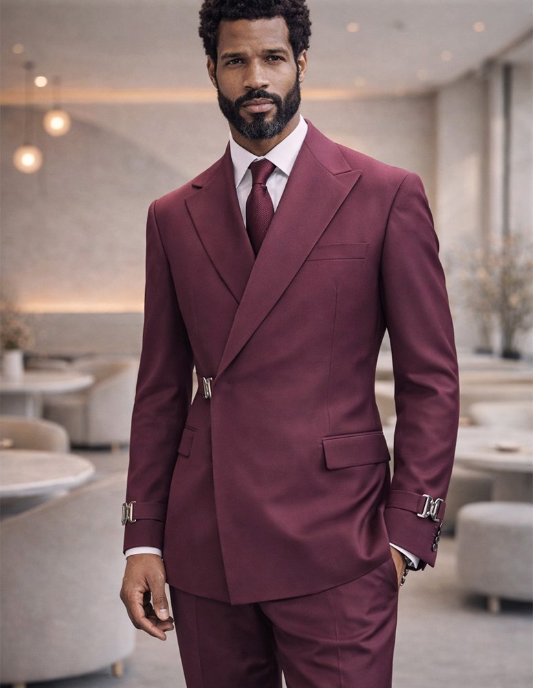 2PC ITALIAN SUPER 200'S WOOL SUIT. MODERN FIT FLAT FRONT PANTS WITH METAL BUCKLES