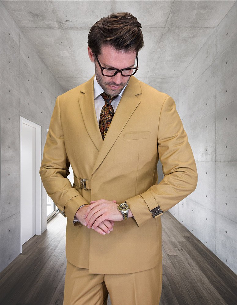 2PC ITALIAN SUPER 200'S WOOL SUIT. MODERN FIT FLAT FRONT PANTS WITH METAL BUCKLES