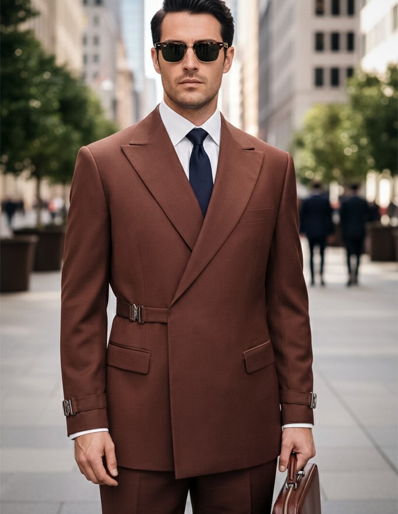 2PC ITALIAN SUPER 200'S WOOL SUIT. MODERN FIT FLAT FRONT PANTS WITH METAL BUCKLES 