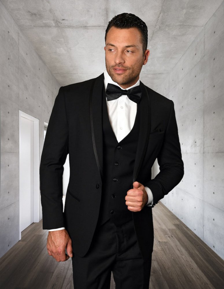 STATEMENT CAESAR BLACK 3PC TAILORED FIT TUXEDO SUIT WITH FLAT FRONT PANTS INCLUDING MATCHING BOWTIE