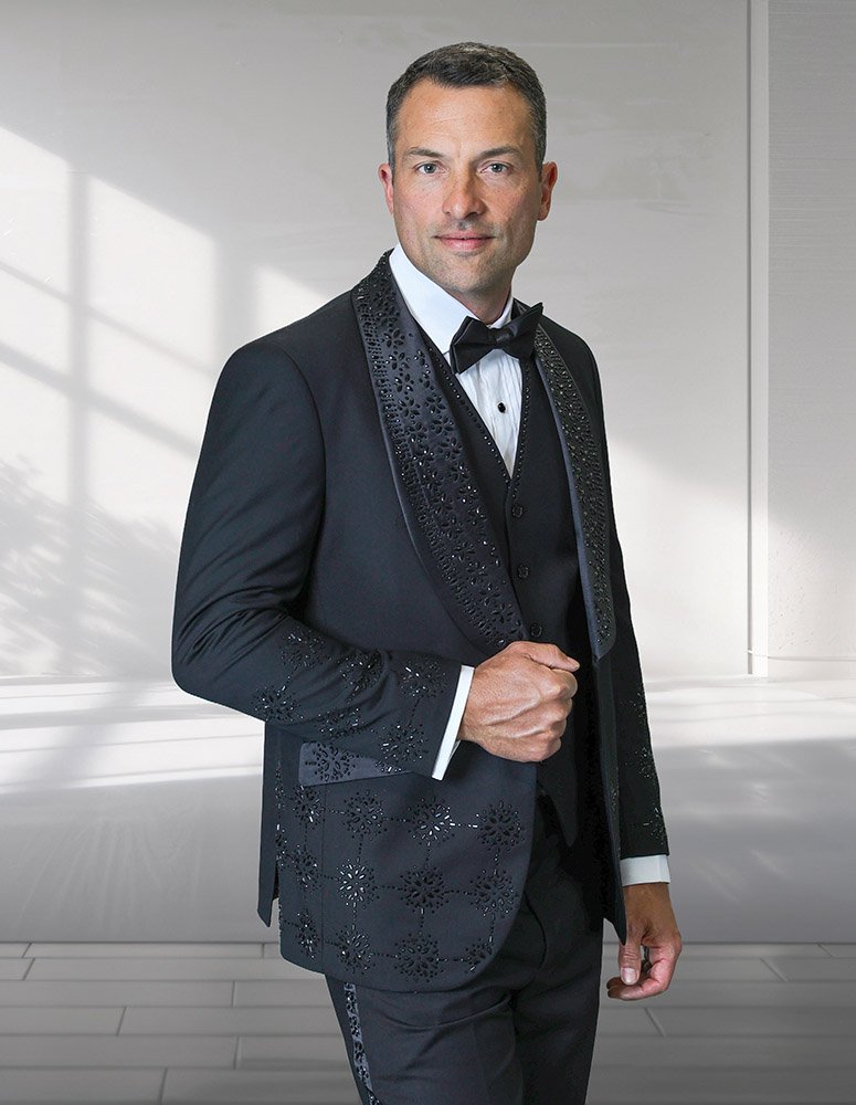 3PC ITALIAN WOOL TUXEDO WITH BLACK STONES. MODERN FIT FLAT FRONT PANTS 