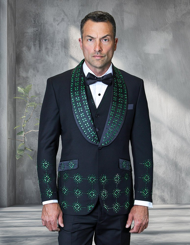 3PC ITALIAN WOOL TUXEDO WITH GREEN STONES. MODERN FIT FLAT FRONT PANTS 