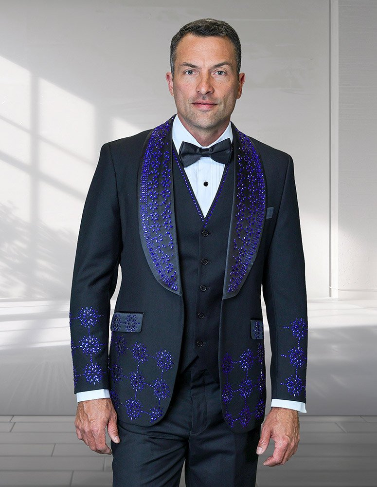 3PC ITALIAN WOOL TUXEDO WITH ROYAL STONES. MODERN FIT FLAT FRONT PANTS  