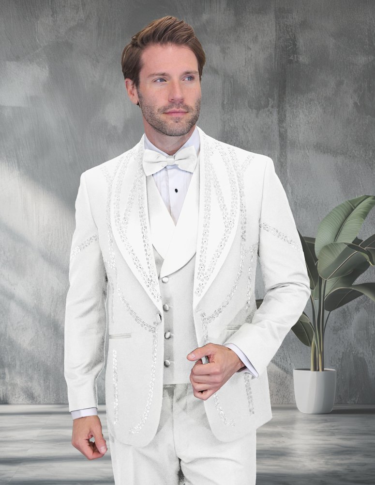 3PC ITALIAN WOOL TUXEDO WITH WHITE STONES. MODERN FIT FLAT FRONT PANTS