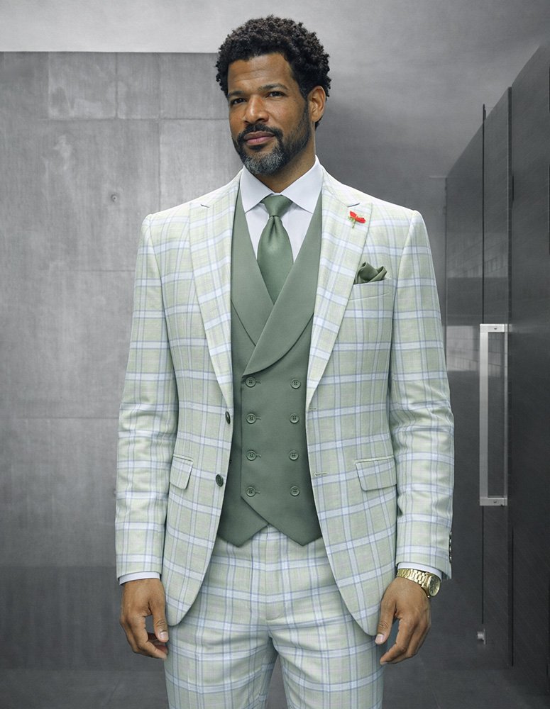 3PC PLAID SUIT WITH SOLID COLOR CONTRAST DOUBLE BREASTED VEST. SUPER 200'S ITALIAN WOOL AND CASHMERE FABRIC. MODERN FIT FLAT FRONT PANTS 