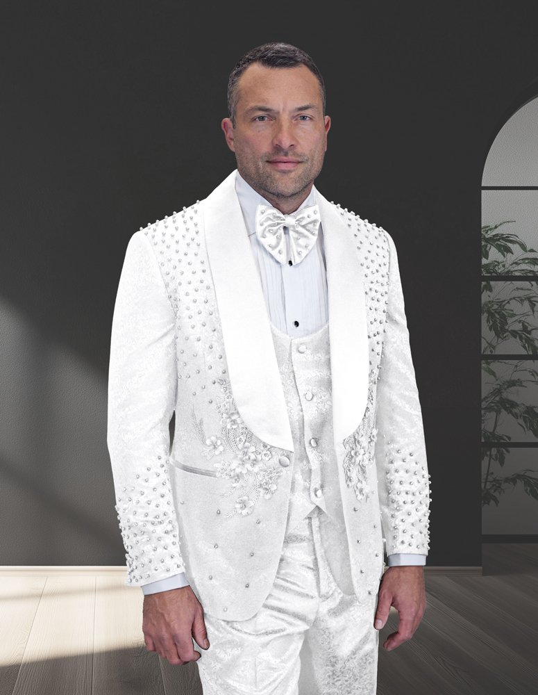 3PC ITALIAN WOOL TUXEDO WITH WHITE STONES. MODERN FIT FLAT FRONT PANTS