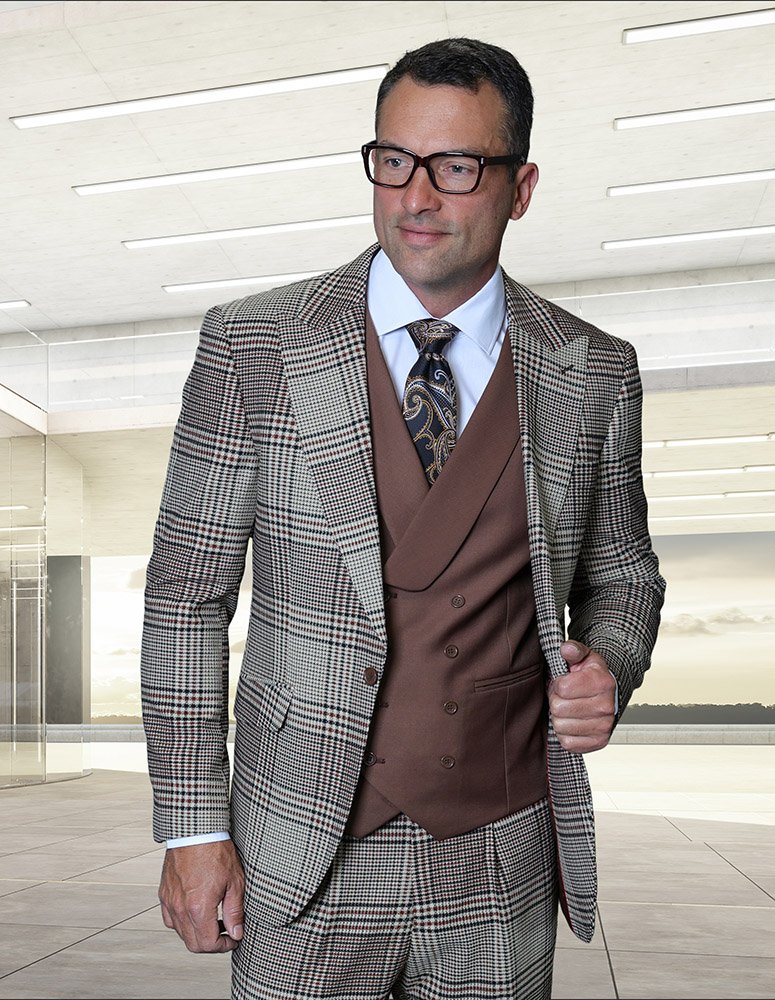 3PC PLAID SUIT WITH SOLID COLOR CONTRAST DOUBLE BREASTED VEST. SUPER 200'S ITALIAN WOOL AND CASHMERE FABRIC. MODERN FIT FLAT FRONT PANTS 