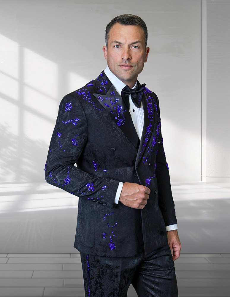 2PC ITALIAN WOOL DOUBLE BREASTED TUXEDO WITH ROYAL STONES. MODERN FIT FLAT FRONT PANTS  