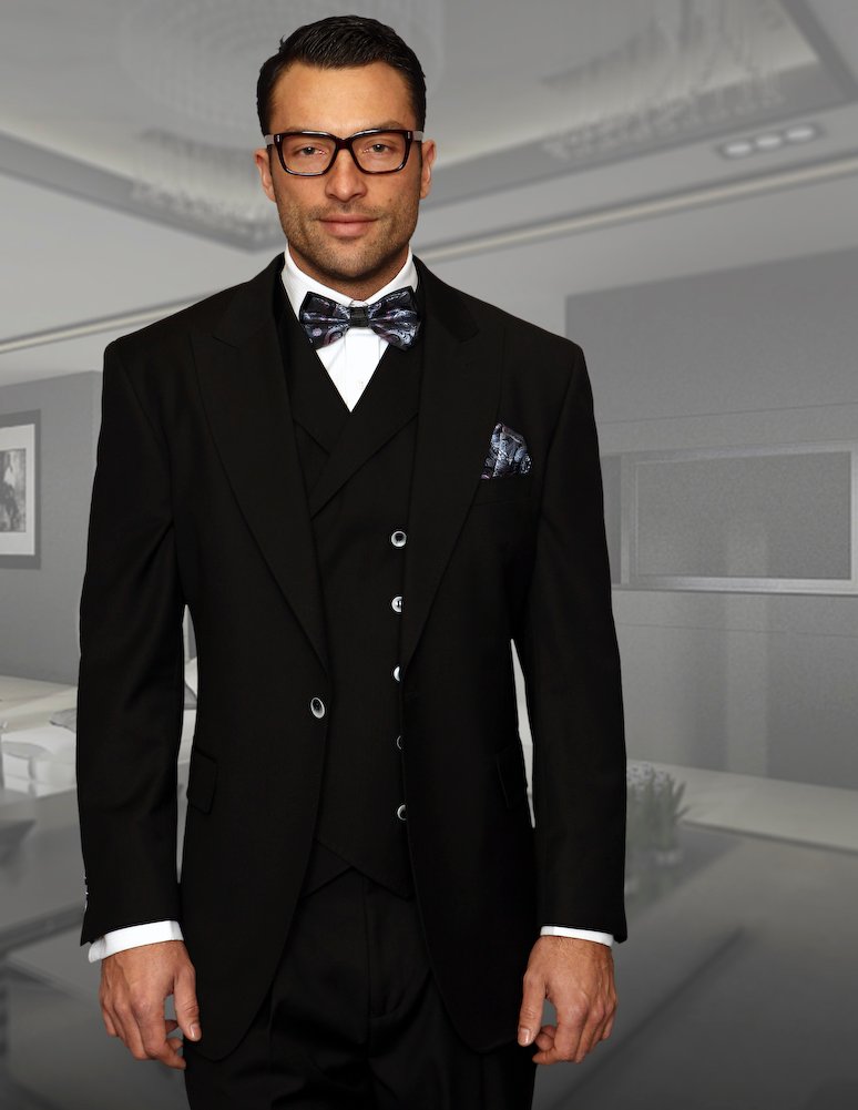 FLORENCE BLACK COLOR CLASSIC 3PC 1 BUTTON SOLID SUIT WITH DOUBLE BREASTED VEST SUPER 180'S EXTRA FINE ITALIAN FABRIC  