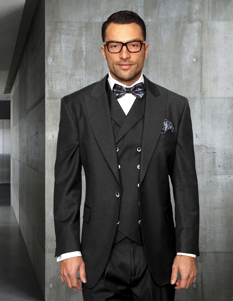 FLORENCE CHARCOAL COLOR CLASSIC 3PC 1 BUTTON SOLID SUIT WITH DOUBLE BREASTED VEST SUPER 180'S EXTRA FINE ITALIAN FABRIC  