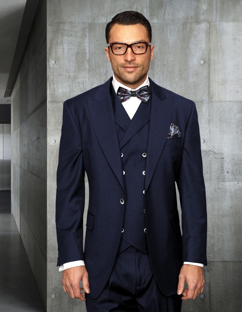 FLORENCE NAVY COLOR CLASSIC 3PC 1 BUTTON SOLID SUIT WITH DOUBLE BREASTED VEST SUPER 180'S EXTRA FINE ITALIAN FABRIC  