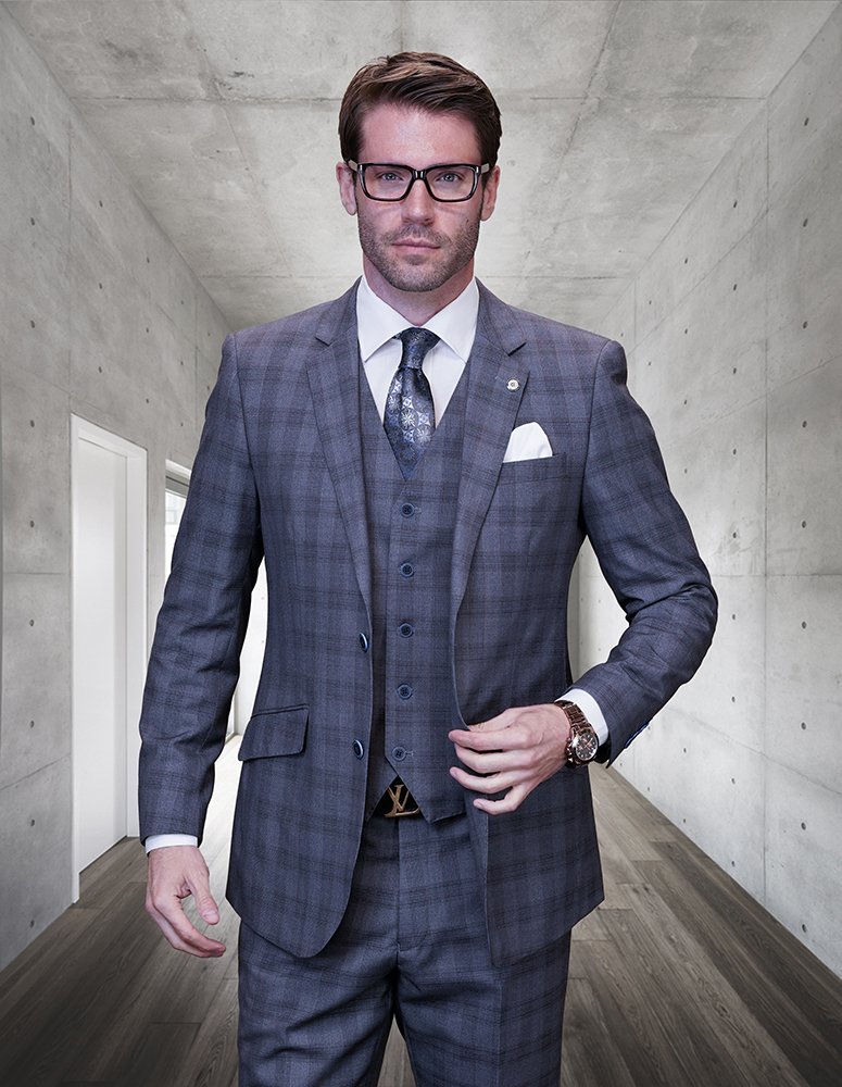  STATEMENT 3PC GREY PLAID SUIT SUPER 200'S ITALIAN WOOL AND CASHMERE. MODERN FIT FLAT FRONT PANTS