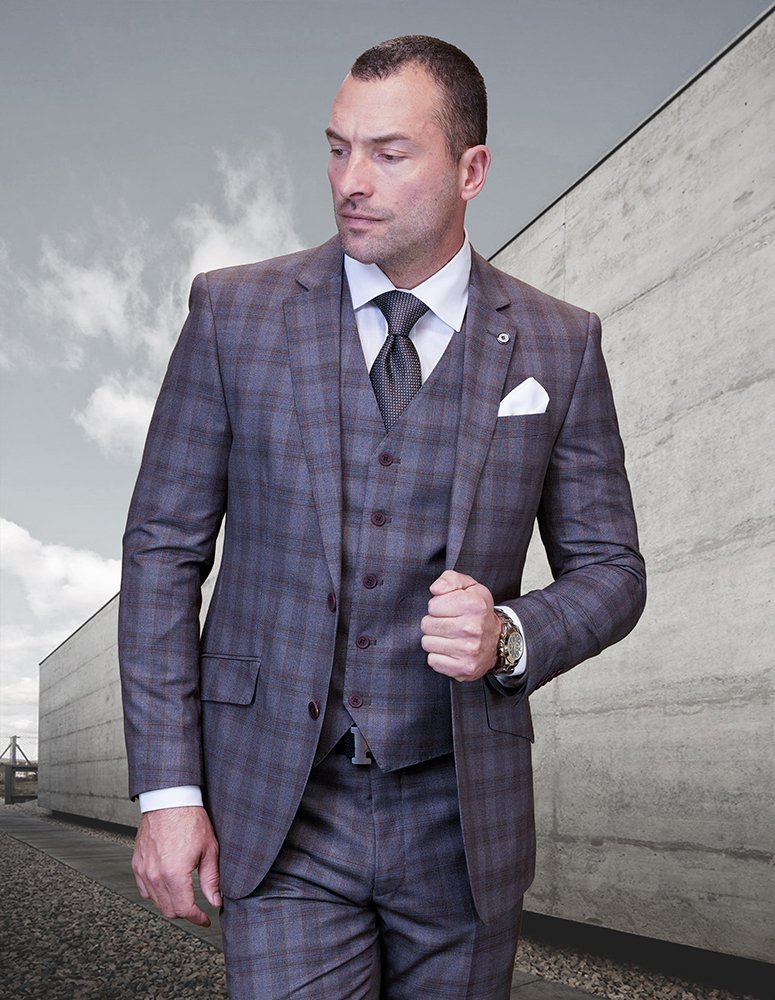  STATEMENT 3PC TAUPE PLAID SUIT SUPER 200'S ITALIAN WOOL AND CASHMERE. MODERN FIT FLAT FRONT PANTS 
