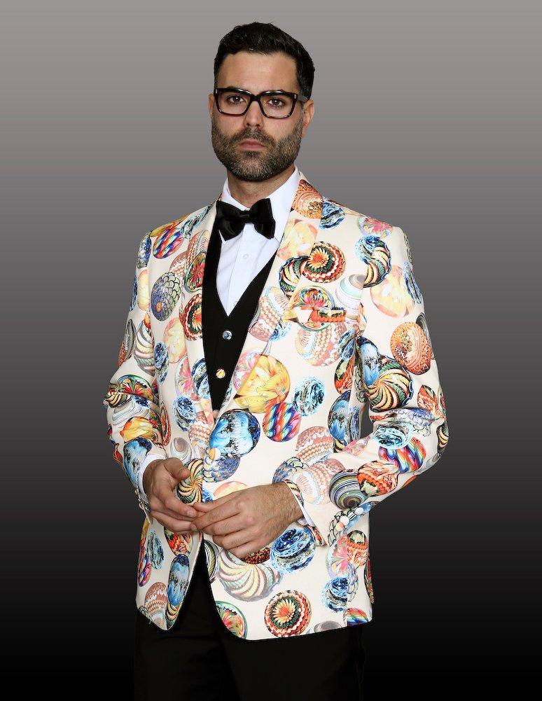 GIORGIO-1-O/W CLASSIC 3PC 1 BUTTON MENS CREAM WOVEN SUIT WITH BLACK VEST & PANTS SUPER 150'S EXTRA FINE ITALIAN FABRIC 