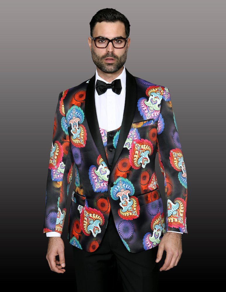 GIORGIO-1 CLASSIC 3PC 1 BUTTON MENS BLACK WOVEN SUIT WITH BLACK SATIN COLLAR SUPER 150'S EXTRA FINE ITALIAN FABRIC