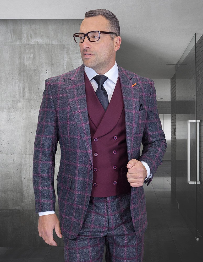 3PC PLAID SUIT WITH SOLID COLOR CONTRAST DOUBLE BREASTED VEST. SUPER 200'S ITALIAN WOOL AND CASHMERE FABRIC. MODERN FIT FLAT FRONT PANTS