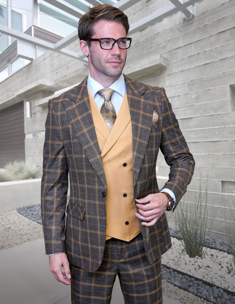 3PC PLAID SUIT WITH SOLID COLOR CONTRAST DOUBLE BREASTED VEST. SUPER 200'S ITALIAN WOOL AND CASHMERE FABRIC. MODERN FIT FLAT FRONT PANTS 