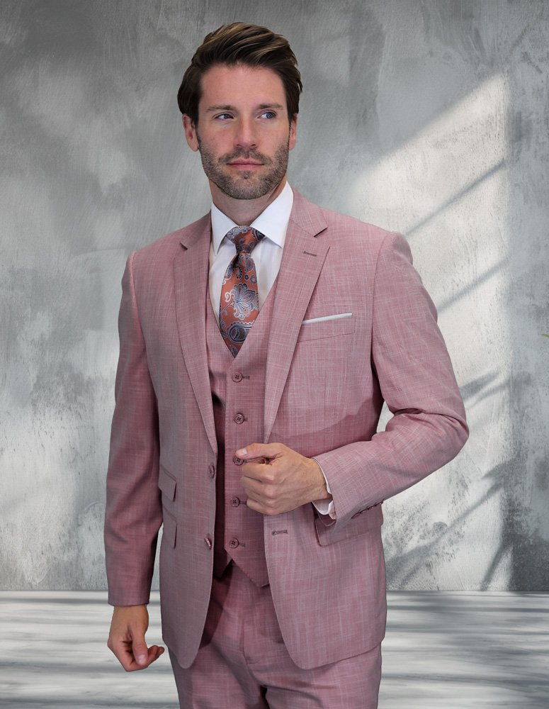 LARZO BLUSH 3PC SHARKSKIN ITALIAN WOOL SUIT